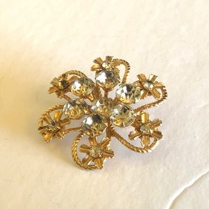 Vintage Gold Flower Clear Rhinestone Brooch Pin